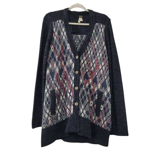Free People Sweaters - Free People We the Free Foxtrot Argyle Cardigan Sz M Blue Cotton Wool Academia